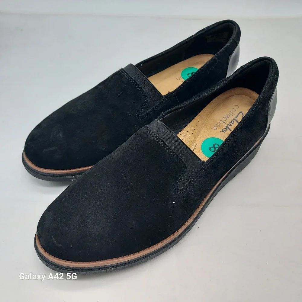 Clarks Collection Sharon Dolly Black Suede Wedge Loafers Womens 8 261558194055